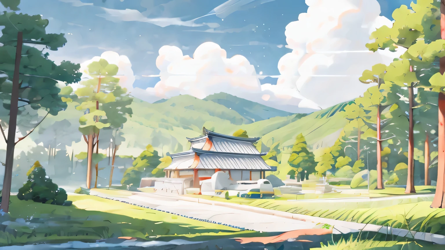(Japanese landscape), (Hayao Miyazaki Style), cartoon, modern countryside, roads, curves, low houses, trees, poles, white clouds, calm landscape, outdoor, green trees, epic composition, realistic lighting, high definition detail, masterpiece, best quality, (very detailed CG unified 8k wallpaper), clay texture, clean background, natural light, best quality, ultra detail, 3d art, C4D, OC Renderer, 3D Rendering, 8K