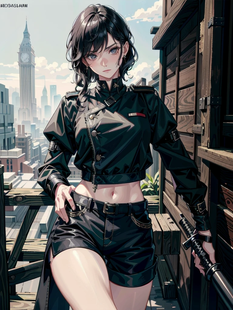 whole body, long sword, Black military uniform, Ladies' military vests, absurdres, RAW photo, extremely delicate and beautiful, masterpiece, Best Quality, ultra high resolution, 32k, hyperrealistic, ultra-detailed, tearful mole, earring, short medium hair, wavy hair, urban backdrop, shorts, midriff,