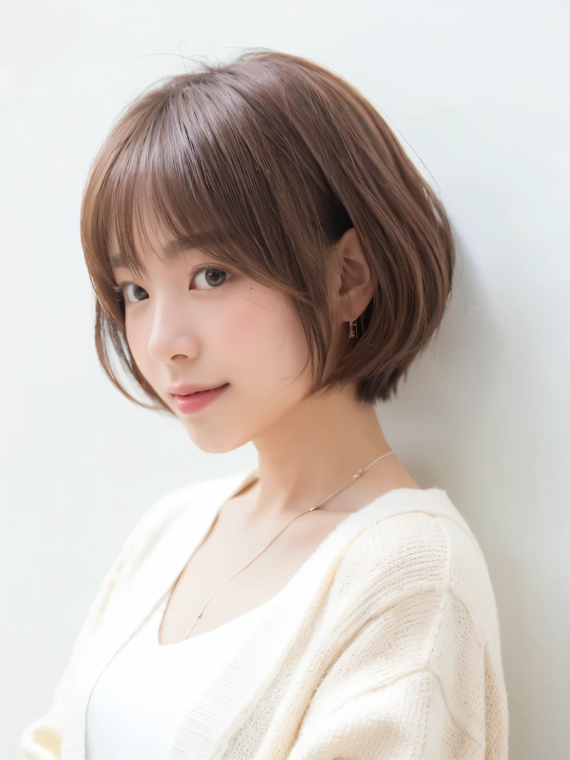 Stylish spring clothes、fluffy hair、smile、(背景にWhite wall、Light yellow cardigan:1.4)、White wall、In front of a white door、Mr.々A pose、(窓のあるWhite wallの部屋)、((highest quality、8k、masterpiece:1.3))、Ultra-high resolution、(photoGenuineistic:1.4)、RAW Photos、Japanese,(Detailed aspect)、Genuine、Photographed in natural light、Highly detailed face and skin texture、Highly detailed lips、The correct state of the human body、Short Hair、Brown Hair、さまざまA pose、short hair、Shortcuts、Natural color lip、Pixie Cut、非常にShort Hair、profile、Look to the side