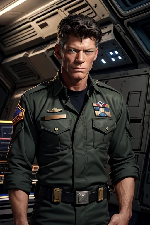 portrait, cinematic, masterpiece, high quality, (american soldier), (young Stephen Lang face), ((black hair)), air force uniform, standing up spaceship command deck