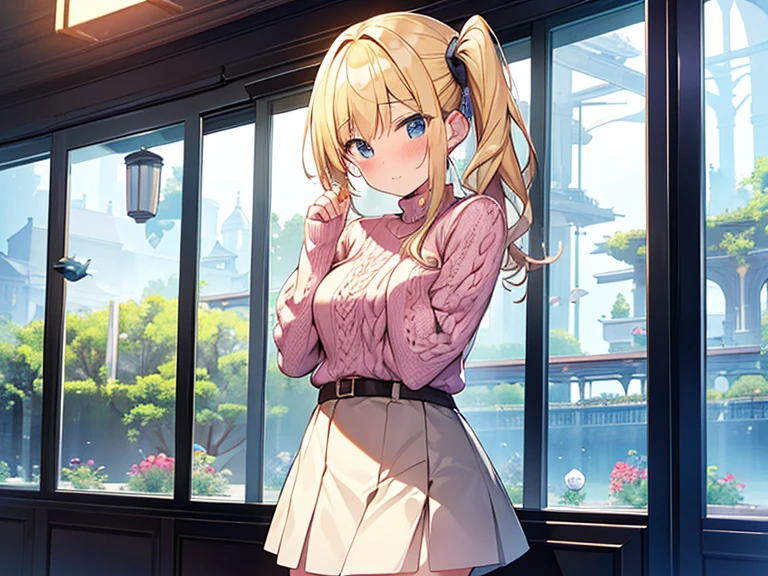 Top quality, 1 beautiful woman, junior high school student, Blonde, (side ponytail), Medium Hair, Wavy Hair, standard weight, happy, blush, Cable-knit Sweater, frill skirt, (in aquarium building), beautiful scene, cowboy shot