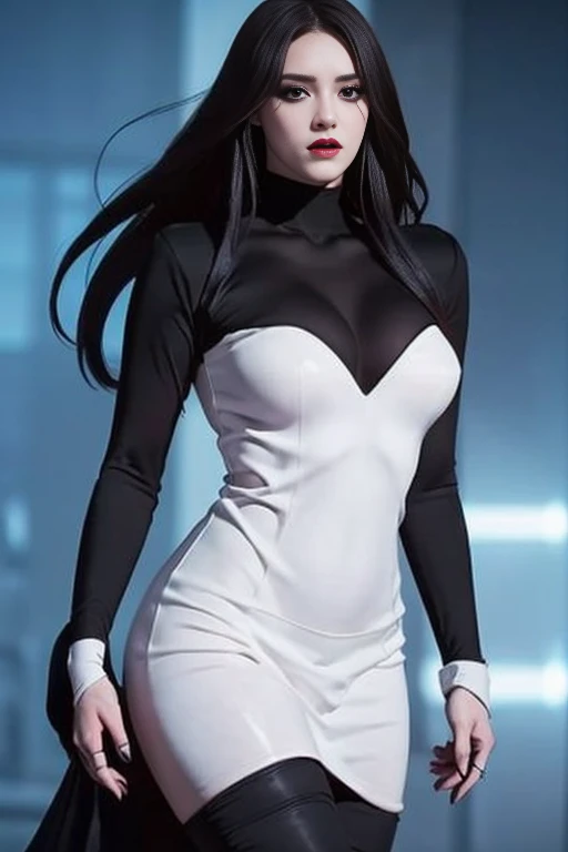 hyper realistic, 16k, best quality, masterpiece, (photorealistic:1.4), 1girl (alone), solo. Pretty young. Gothic aesthetic, goth makeup, black silky hair (realistic texture), turquoise-blue eyes, pele-white skin, illuminated skin, realistic shading, (modern) black gothic dress (realistic textures), big hips, tights. waist up, dramatic lighting, from below, front, front view, multiple different poses at different angles, glowing skin, front, back lighting, athletic figure, muscular female, curvy, wide hips, colorful, looking at viewer, Hyperrealistic, gradient background, dark background, outline, cinematic lighting, (chromatic aberration, intricate details)