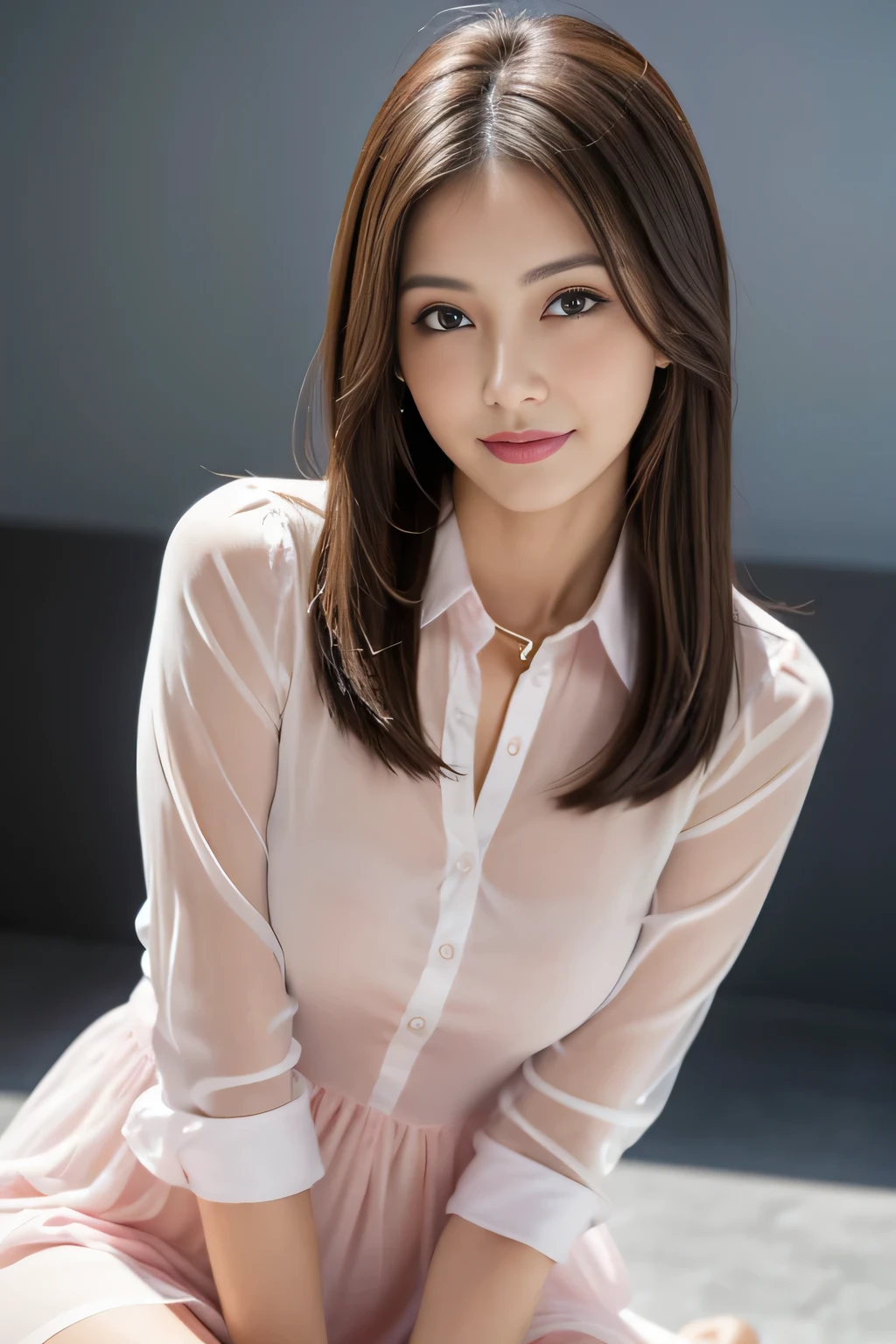 (RAW Photos), (Realistic), (masterpiece), (highest quality), High resolution, 8k, (Intricate details), (Volumetric Light), Portraiture, woman, Age 35, Medium Hair, Straight hair, Medium Chest, Layered Hair, Brown Hair, Very beautiful eyes, Source order, Very thin eyebrows, Very fine skin, Very beautiful mouth, Very nice nose, Cute like an idol, smile, (Thick lips), (Looking at the audience), (A see-through pink dress shirt with a collar), Above the knee shot