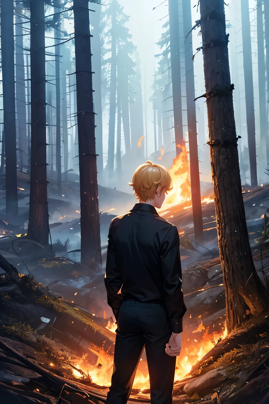 1boy,Prince,standing in a burning forest,Shirt on fire, pants on fire,handsome, Facing backwards, photo from behind, looking away, camera angle from behind,blonde hair, 22 years old, Black shirt,black trousers, short blonde hair, wavy hair, blue eyes, close up photo