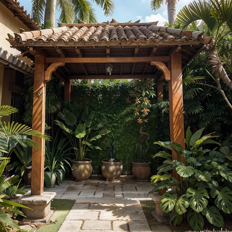 Un jardin en una quinta tropical exuberante con una hilera de palmas areca en el fondo, its lush green leaves creating a vibrant backdrop. Con una variedad de arbustos ornamentales, incluyendo crotones con hojas de colores brillantes, heliconias con inflorescencias llamativas, bromelias agrupadas alrededor de la base de las palmas, and red ginger with its red and exotic flowers. The combination of areca palms and shrubs creates a tropical landscape full of color and texture, with a warm and welcoming atmosphere that invites relaxation and contemplation