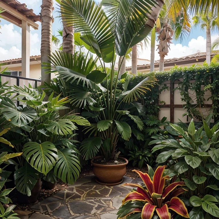 Un jardin en una quinta tropical exuberante con una hilera de palmas areca en el fondo, its lush green leaves creating a vibrant backdrop. Con una variedad de arbustos ornamentales, incluyendo crotones con hojas de colores brillantes, heliconias con inflorescencias llamativas, bromelias agrupadas alrededor de la base de las palmas, and red ginger with its red and exotic flowers. The combination of areca palms and shrubs creates a tropical landscape full of color and texture, with a warm and welcoming atmosphere that invites relaxation and contemplation