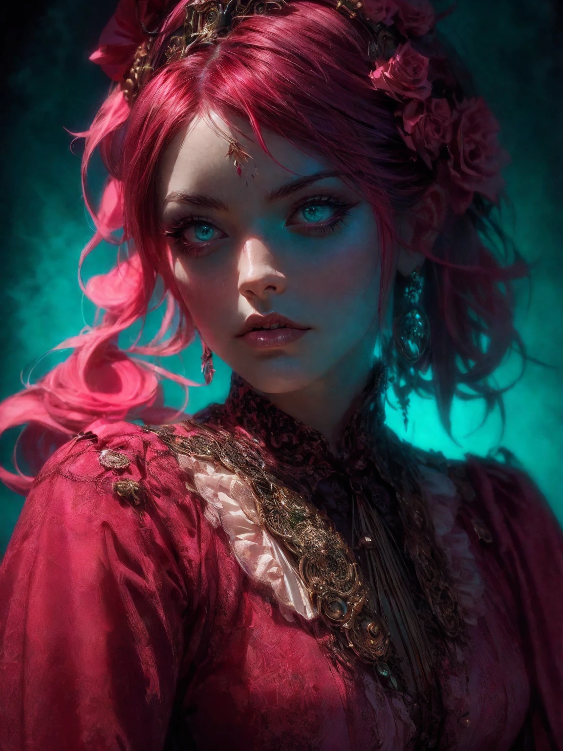 HighestQuali,tmasterpiece:1.2,Detailed details,4k realistic Roman mythology, Kizi, Halloween dress up,Steampunk Gothic Victorian style, deep colour, psychology, surrealism, Sublimation, subconscious, Emotions, enthusiasm, In pink、White and red details, rose flower background,Green smoke from hair, Blue smoke background, Soft red and blue light, portrait