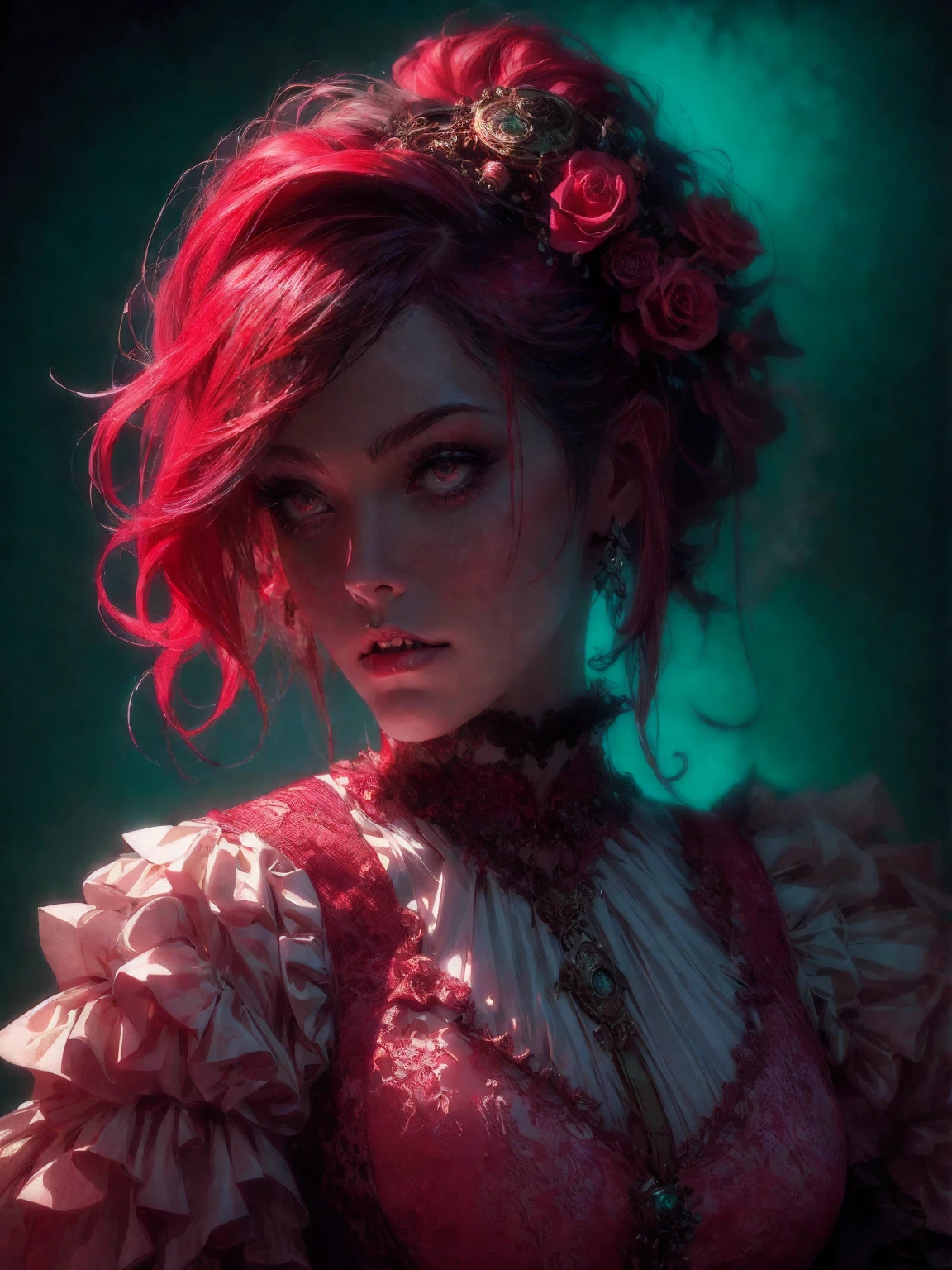 HighestQuali,tmasterpiece:1.2,Detailed details,4k realistic Roman mythology, Kizi, Halloween dress up,Steampunk Gothic Victorian style, deep colour, psychology, surrealism, Sublimation, subconscious, Emotions, enthusiasm, In pink、White and red details, rose flower background,Green smoke from hair, Blue smoke background, Soft red and blue light, portrait