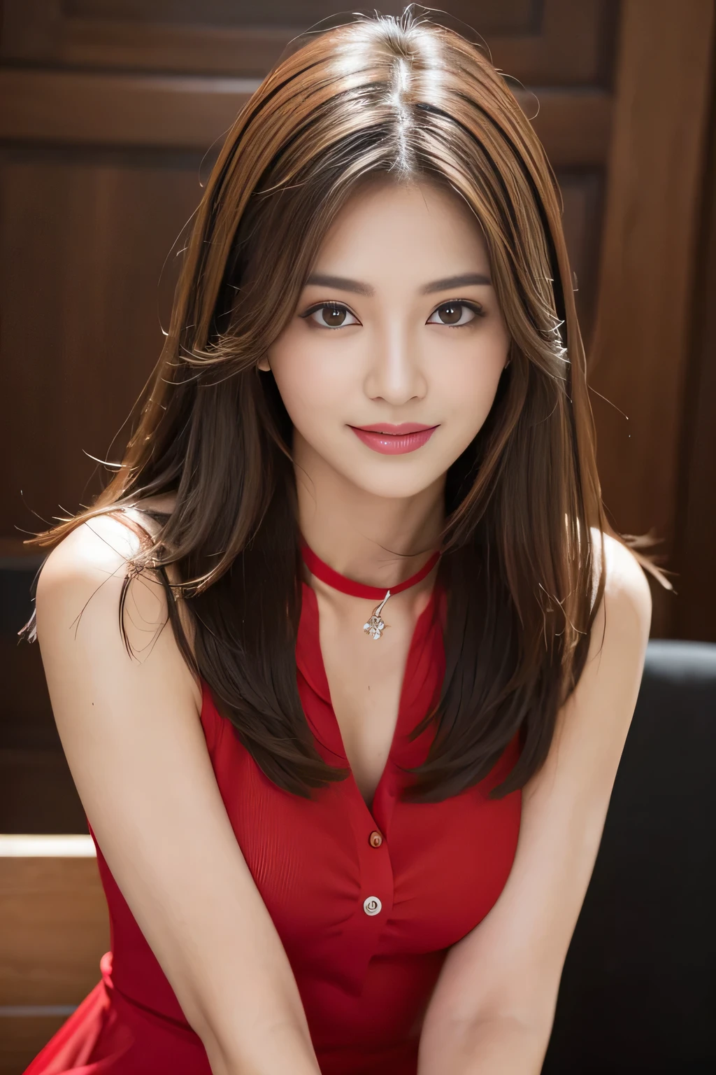 (RAW Photos), (Realistic), (masterpiece), (highest quality), High resolution, 8k, (Intricate details), (Volumetric Light), Portraiture, woman, Age 35, Medium Hair, Straight hair, Medium Chest, Layered Hair, Brown Hair, Very beautiful eyes, Source order, Very thin eyebrows, Very fine skin, Very beautiful mouth, Very nice nose, Cute like an idol, smile, (Thick lips), (Looking at the audience), (A see-through red dress shirt with a collar), Above the knee shot