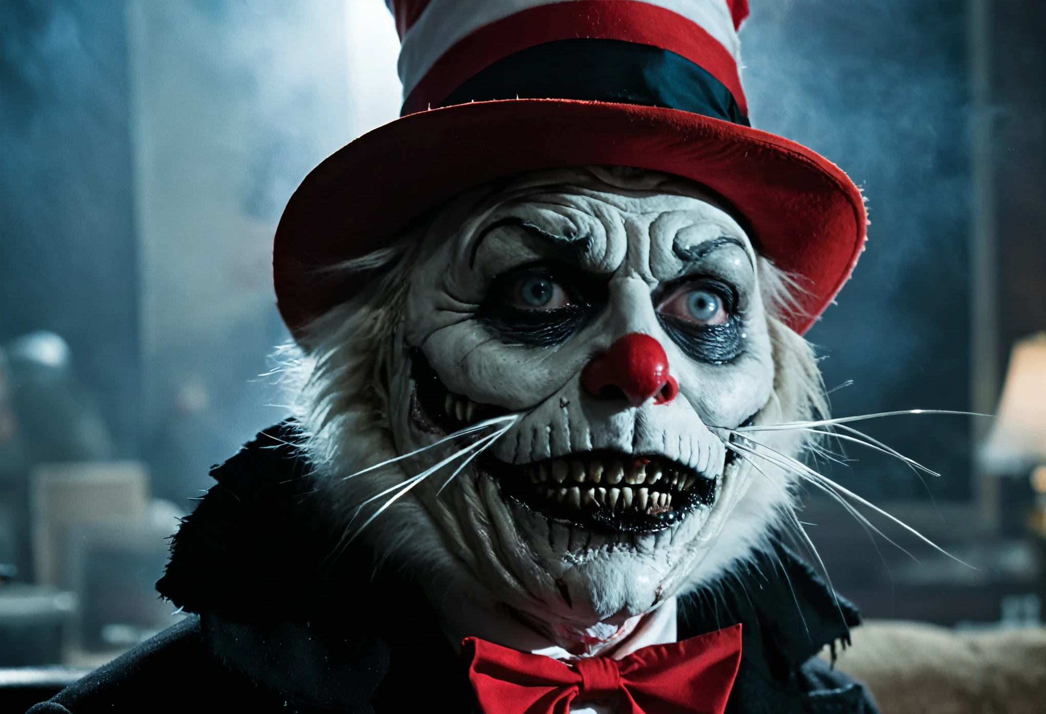 Horror-themed cinematic film is still the cat in the hat, apavorante, conceitual art by greg rutkowski high praise, Bokeh, cinemascope, temperamental, epic, maravilhoso, film grain, granulado . estranho, perturbador, Escuro, assustador, suspense, grim, Altamente detalh