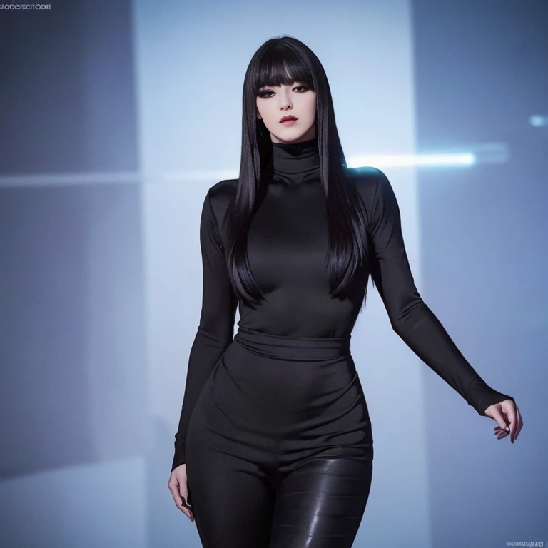 hyper realistic, 16k, best quality, masterpiece, (photorealistic:1.4), 1girl (alone), solo. Pretty young. Gothic aesthetic, goth makeup, black silky hair (realistic texture), turquoise-blue eyes, pele-white skin, illuminated skin, realistic shading, (modern) black gothic dress (realistic textures), big hips, tights. waist up, dramatic lighting, from below, front, front view, multiple different poses at different angles, glowing skin, front, back lighting, athletic figure, muscular female, curvy, wide hips, colorful, looking at viewer, Hyperrealistic, gradient background, dark background, outline, cinematic lighting, (chromatic aberration, intricate details)