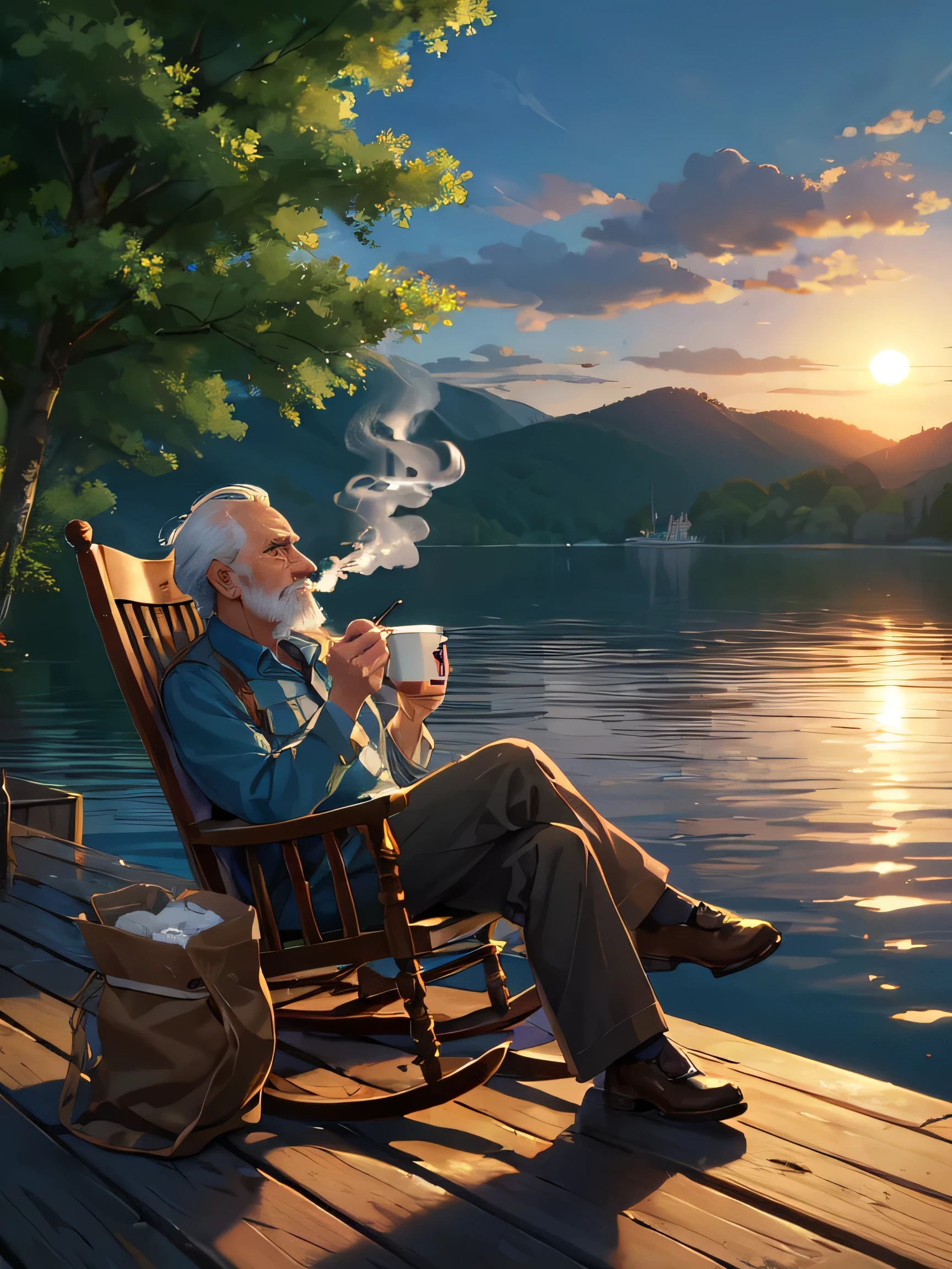 an old man sitting on a rocking chair in afternoon, carrying a cup of coffee in his left hand, a cigarette in his right hand, smoking a cigarette, a sack of coffee next to the rocking chair, aon a private dock on the lake, 8K, atmospheric, dramatic, highly detailed, 83 year old man sitting in a rocking chair, white hair, Caucasian, looking up, vintage illustration, scenic background like a lake with mountains, oil painting, vintage label design