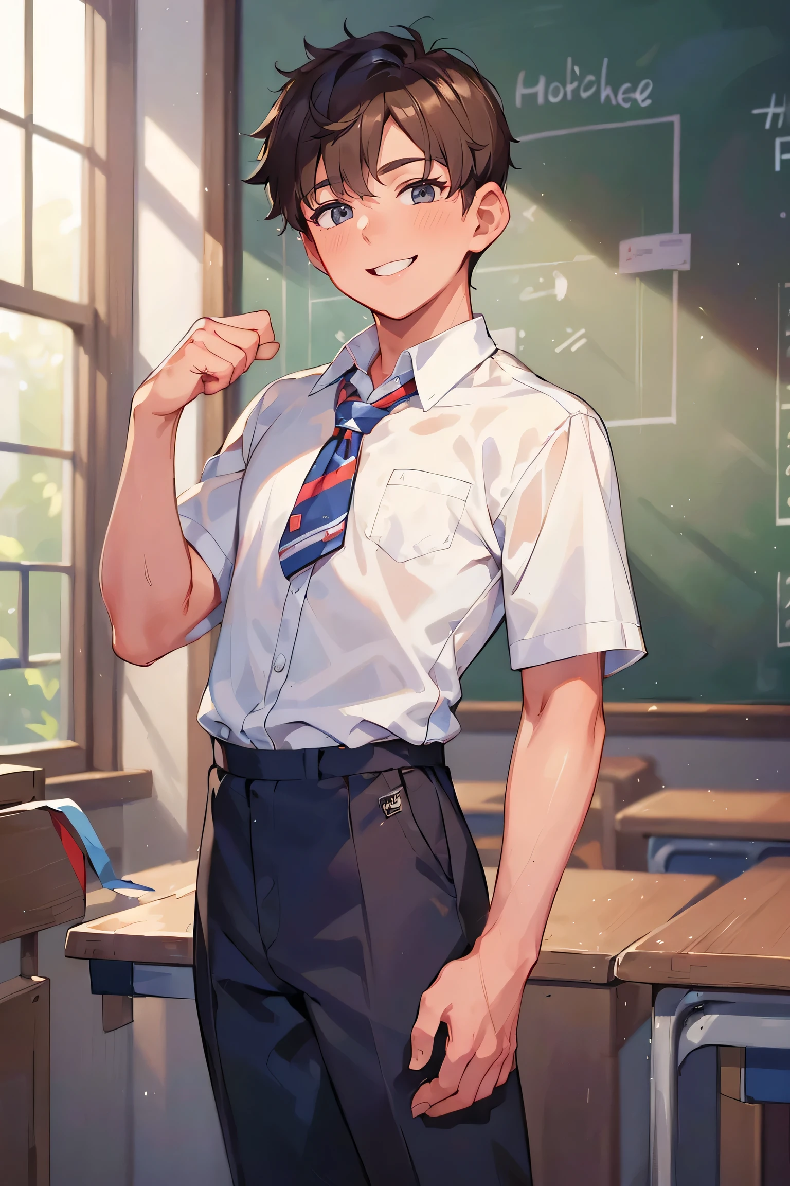 ((Masterpiece, Super Hi-Res, Highly Detailed, 8k)), ((1 boy: 1.5)), about 18, handsome, short hair, ((British public school student style attire, makes viewer smile : 1.2)), twink, skinny, excited, gay erotic,. Sexy Raised, cowboy shoot,