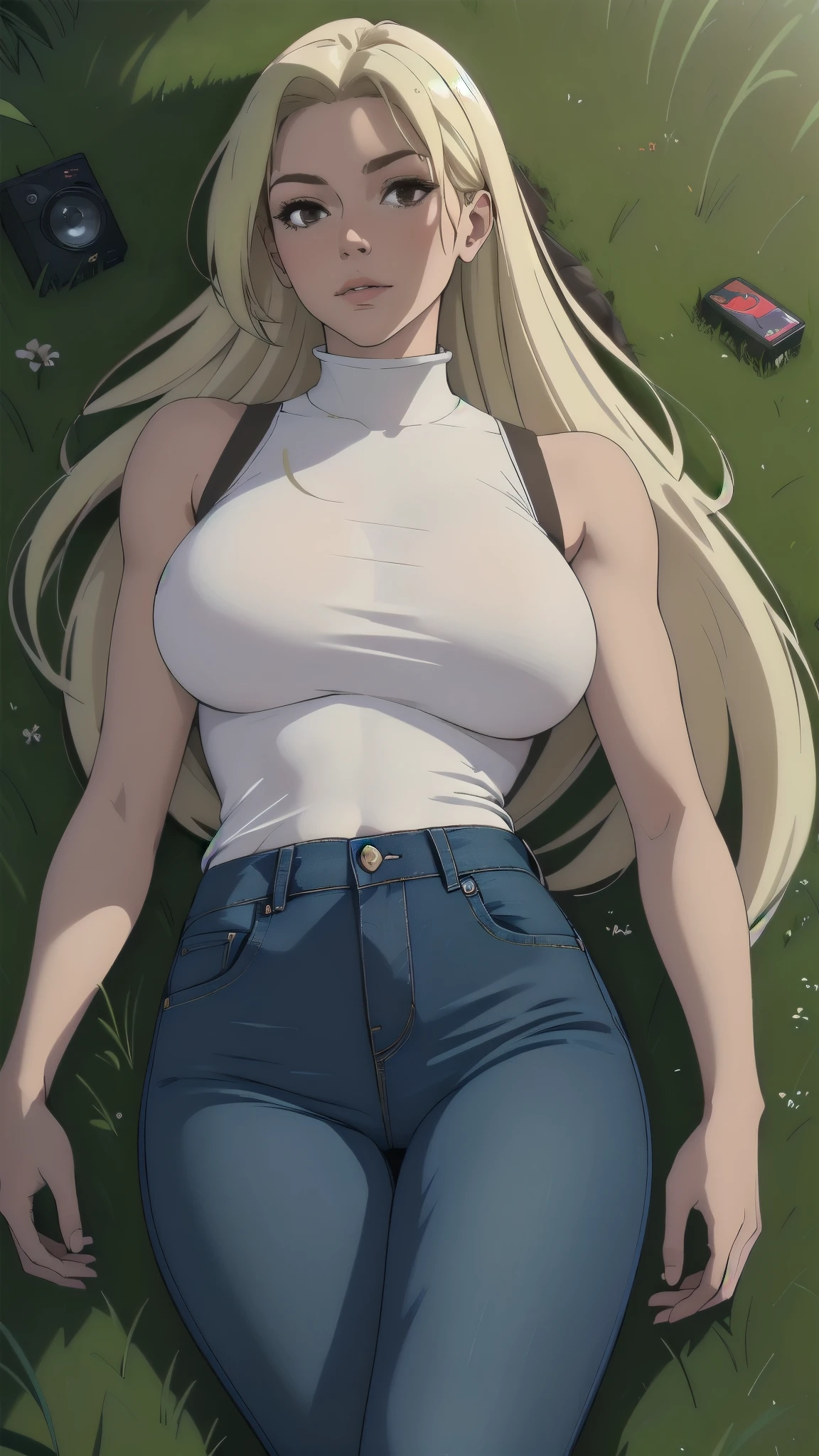 photorealistic, (4k), depth of field, (Masterpiece), (realistic skin texture), extremely detailed, intricate, hyper detailed, professional photography, bokeh, high resolution, sharp detail, best quality, woman, long hair, blonde hair, brown eyes, black top, turtleneck, sleeveless, jeans, dynamic pose, (lying in the grass, facing forward), wearing tight clothes, big, large breasts, sexy body, Thick legs, Wearing extremely tight jeans, wearing a mini shirt, long hair, Speakers at the back, Very realista, Very, 8k, 8K  extremely detailed), (extremely delicate and beautiful), (masterpiece), (better quality: 1.0), (ultra high definition:1.0)  