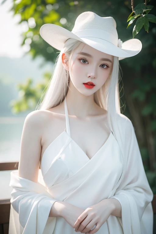 Wearing a white hat、Arav woman wearing red lips, pale Porcelain white skin, guweiz, guweiz masterpiece, Artwork in the style of Guweiz, Soft portrait shots 8 k, Pale young ghost girl, Porcelain white skin, author:Russell Dongjun Lu, Light milky white porcelain skin, An elegant lady with alabaster skin