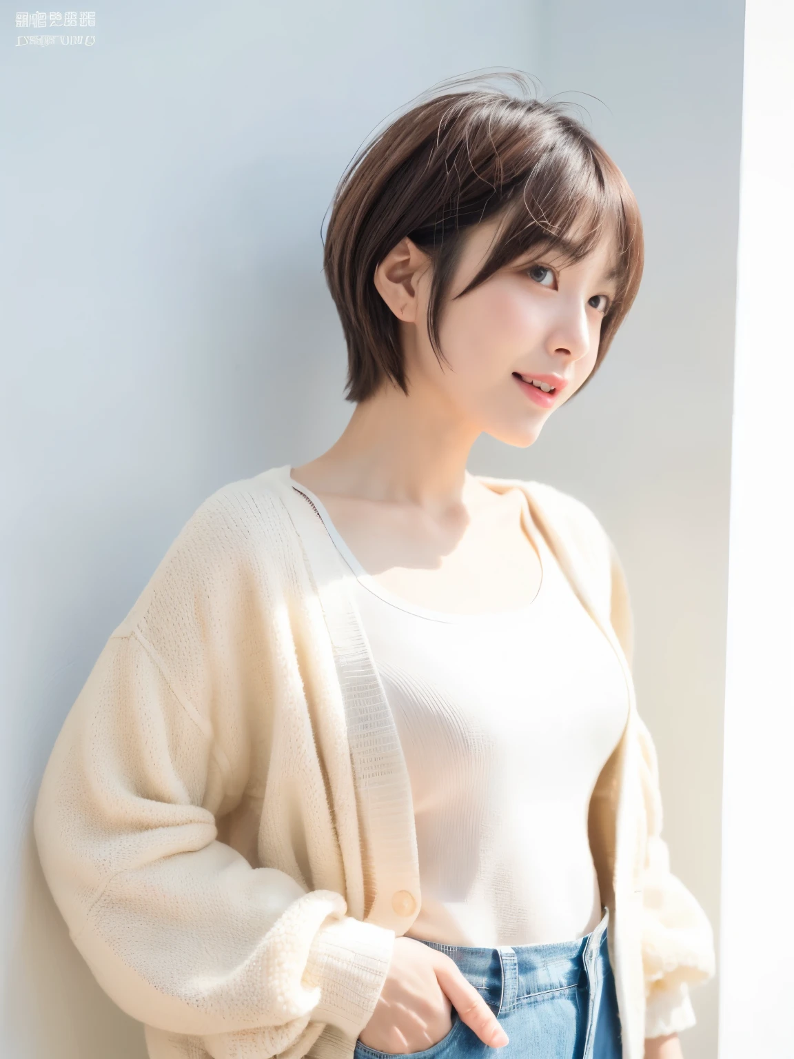 Stylish spring clothes、fluffy hair、smile、(背景にWhite wall、Light yellow cardigan:1.4)、White wall、In front of a white door、Mr.々A pose、(窓のあるWhite wallの部屋)、((highest quality、8k、masterpiece:1.3))、Ultra-high resolution、(photoGenuineistic:1.4)、RAW Photos、Japanese,(Detailed aspect)、Genuine、Photographed in natural light、Highly detailed face and skin texture、Highly detailed lips、The correct state of the human body、Short Hair、Brown Hair、さまざまA pose、short hair、Shortcuts、Natural color lip、Pixie Cut、非常にShort Hair、profile、Look to the side