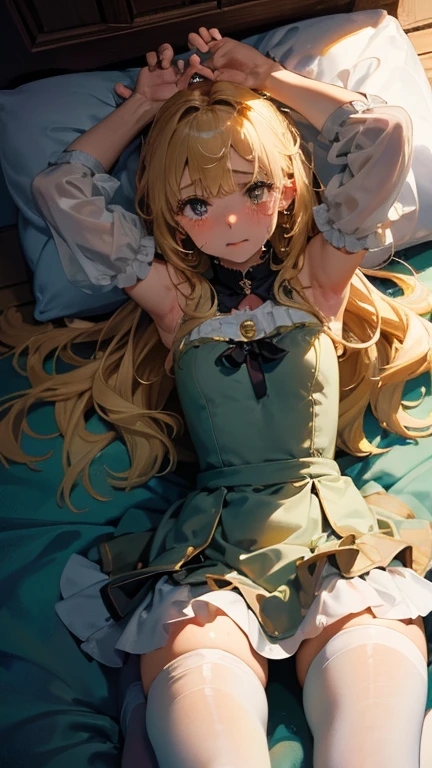 Estimate image quality, 8k, high quality, masterpiece:1.2), ((masterpiece)), (High Detail, high quality, bEstimate image quality), Bokeh, Every time, portrait, (Cute illustrations:1.2), Perfectly balanced anatomy, (National Foundation), (Idol master), Beautiful light, blond, Short Wavy Hair, Cute round face, Sexy Pink Ruffled Idol Dress, sleeveless, Sleeve removal, French sleeves, (Open the chest), High-heeled boots, whole body, Thigh high white pantyhose, corolla, (Awkward, Crying hard),Lying down, Open your legs , Open your legs,Open your hands to support your body