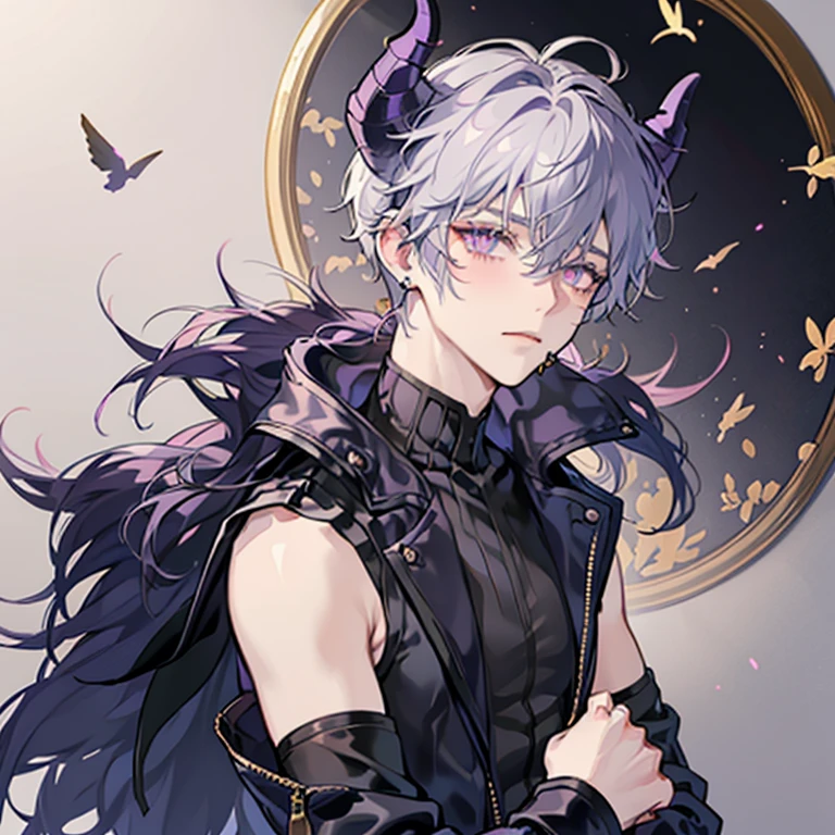 femboy demon.
Wears black thigh-high socks and shorts with combat boots.
Has a black sleeveless and cropped mock neck top under his grey jacket with fingerless gloves that go above his elbows.
Has a harness on layered on his mock top.
Fluffy white hair and purple eyes that fade to gold with white star-shaped pupils.
His eyelashes are also white to match with his hair.
Light purple skin with darker gradients and fluffy ears with gold piercings.
Demon tail, horns, and wings.
His blood is blue and so is his blush and the inside of his mouth.