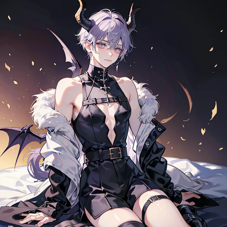 femboy demon.
Wears black thigh-high socks and shorts with combat boots.
Has a black sleeveless and cropped mock neck top under his grey jacket with fingerless gloves that go above his elbows.
Has a harness on layered on his mock top.
Fluffy white hair and purple eyes that fade to gold with white star-shaped pupils.
His eyelashes are also white to match with his hair.
Light purple skin with darker gradients and fluffy ears with gold piercings.
Demon tail, horns, and wings.
His blood is blue and so is his blush and the inside of his mouth.