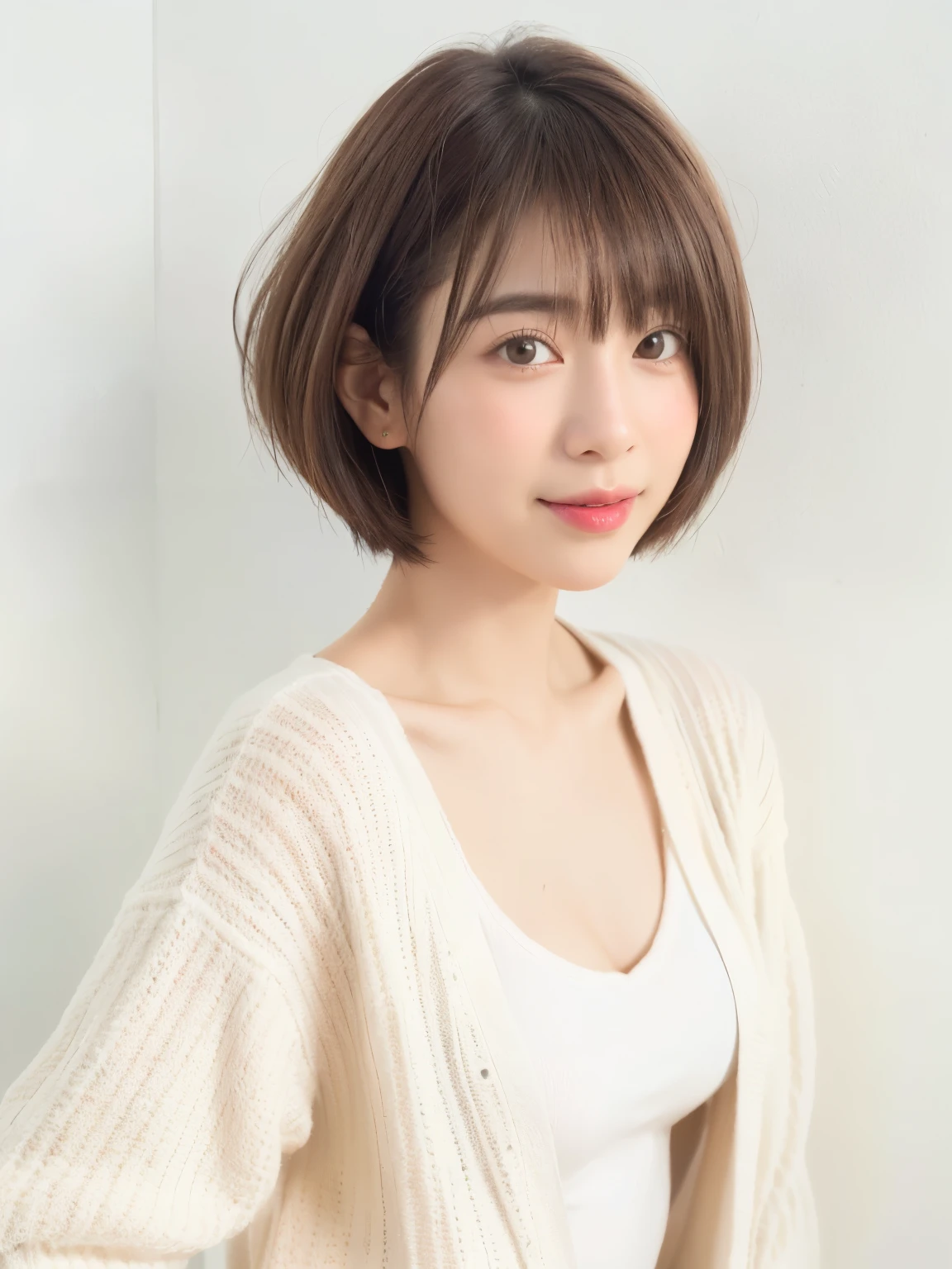 Stylish spring clothes、fluffy hair、smile、(背景にWhite wall、Light yellow cardigan:1.4)、White wall、In front of a white door、Mr.々A pose、(窓のあるWhite wallの部屋)、((highest quality、8k、masterpiece:1.3))、Ultra-high resolution、(photoGenuineistic:1.4)、RAW Photos、Japanese,(Detailed aspect)、Genuine、Photographed in natural light、Highly detailed face and skin texture、Highly detailed lips、The correct state of the human body、Short Hair、Brown Hair、さまざまA pose、short hair、Shortcuts、Natural color lip、Pixie Cut、非常にShort Hair、profile、Look to the side