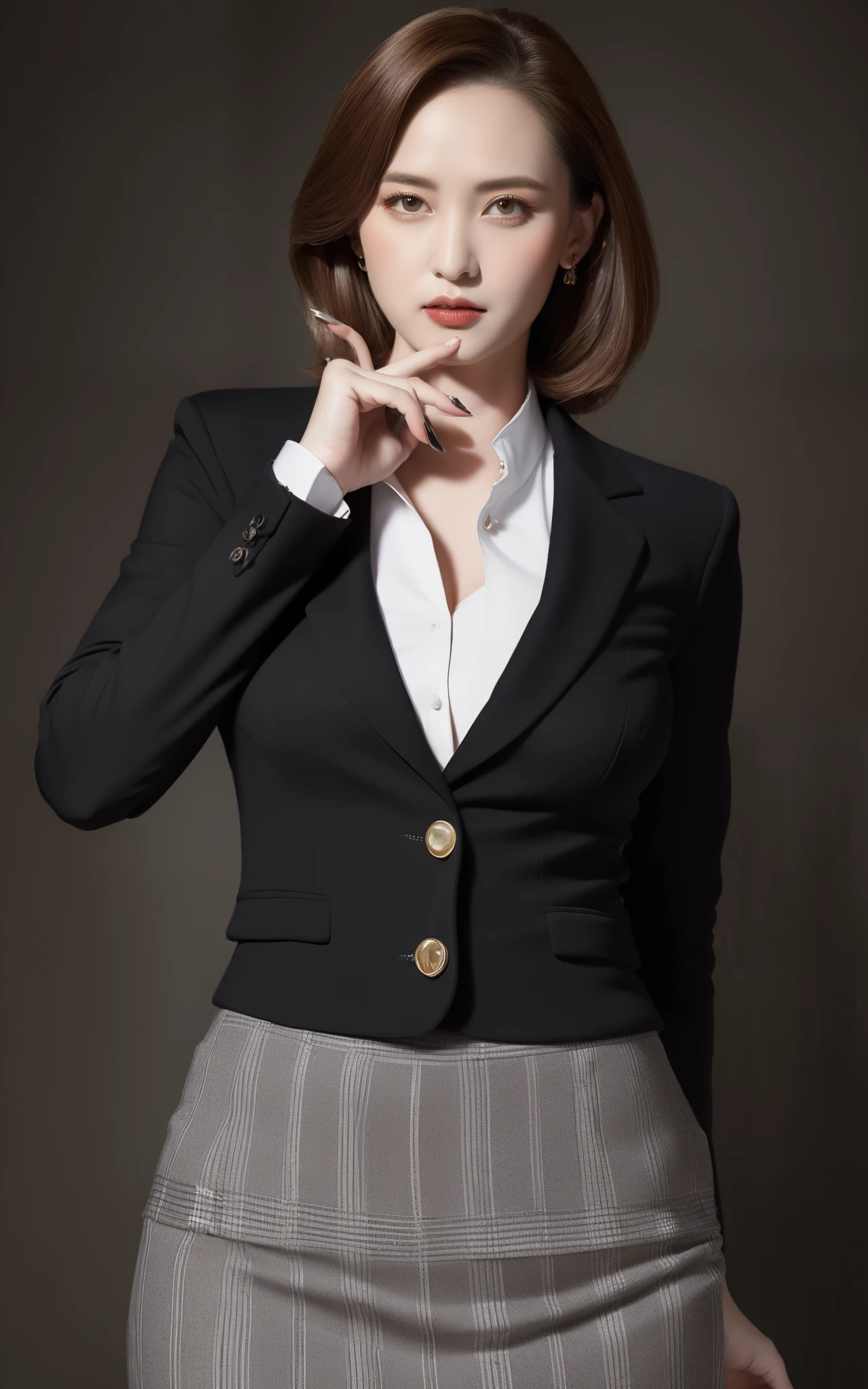 masterpiece,best quality, (1 milf), ((portrait:1.5)), makeup, elegant hound tooth pattern blazer, black skirt, contrapposto, ((seduction expression)),