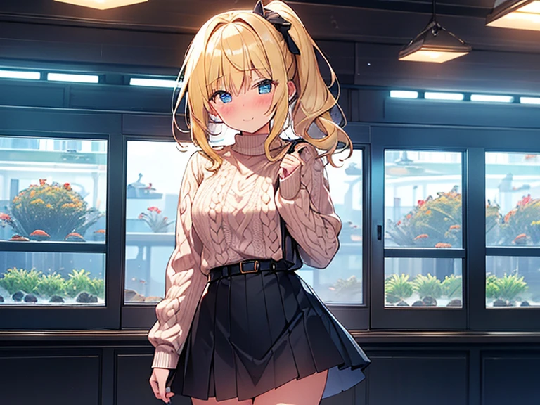 Top quality, 1 beautiful woman, junior high school student, Blonde, (side ponytail), Medium Hair, Wavy Hair, standard weight, happy, clised eyes, blush, Cable-knit Sweater, frill skirt, (in aquarium building), Neon Lights, beautiful scene, cowboy shot