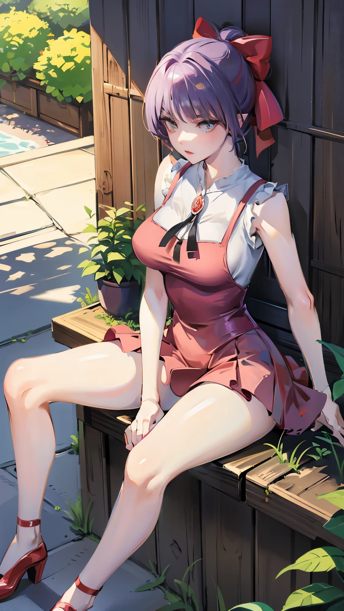 A slender, extremely stylish "nekomusume" with gigantic saggy breasts, sitting in a "sitting" pose. She is wearing a sleeveless shirt and a miniskirt.