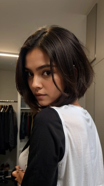 Uma mulher com 1,60 altura, Cabelos lisos com a preta, olhando para frente, vestindo roupas normais