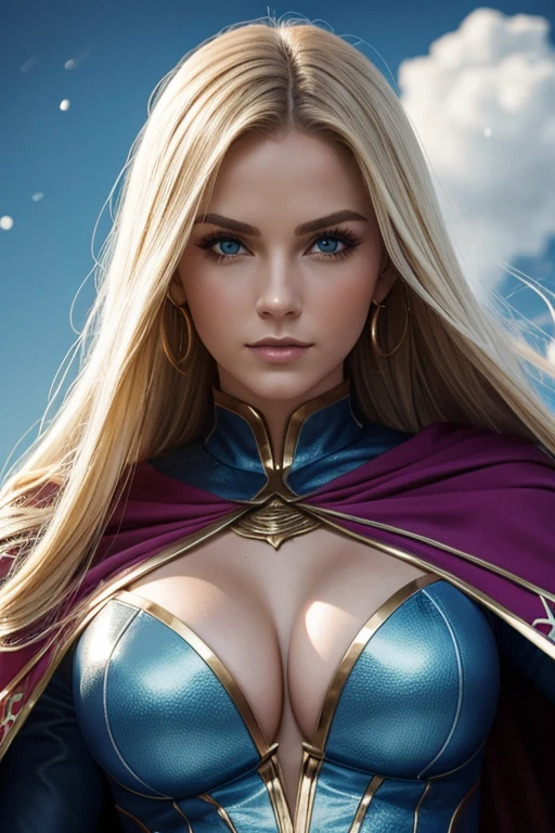 woman, mother supper villain, master, curvys, blonde, telepath, blue eyesboll,brave, detailed face, mini cropped cleavage, using cape, fighter position, background in snow in russia