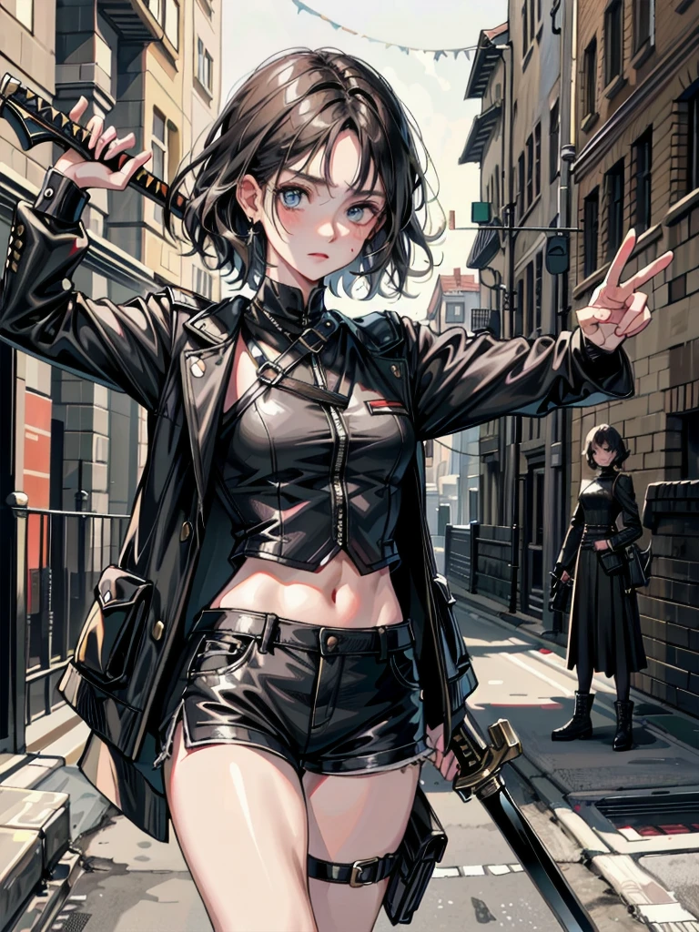 whole body, long sword, Black military uniform, Ladies' military vests, absurdres, RAW photo, extremely delicate and beautiful, masterpiece, Best Quality, ultra high resolution, 32k, hyperrealistic, ultra-detailed, tearful mole, earring, short medium hair, wavy hair, urban backdrop, shorts, midriff,
