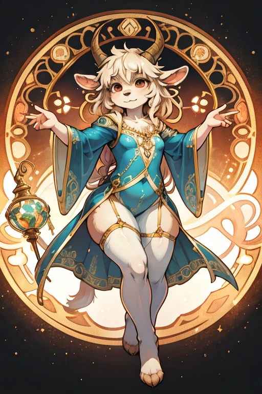 (Mucha style:1.1) , hairy goat Short stature girl , (realistic hairy fur:1.2) , round face , (tilt face:1.2) ,  round eyes , Swollen cheeks , glossy lips , in the fantasy , floating body , Alchemist , transparent stick robe , dynamic pose , Flying fairies