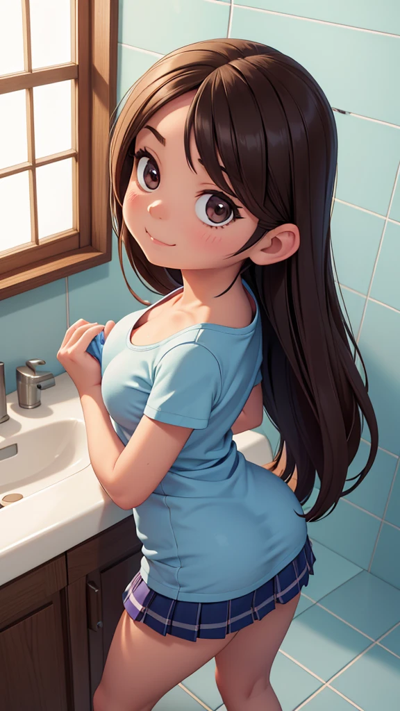 Ultra realistic , girl, obra maestra, mejor calidad, alta calidad, defined, detailed, HD, (piel morena), ojos definidos, ojos cafes intensos, long eyelashes, small mouth, sonrisa, :3, very long hair, pelo liso, pelo oscuro, cuerpo reducido, bosom barely contained, big breasts, sexy, posando foto, sin sostenes, no bra, excitada, pezones erectos, nice view, full body, nice body, nice hands, nice fingers, perfect fingers, abierto, mojada, sudada, caliente, tight, sonrojada, nice legs, no socks, sin flequillo, peinada hacia atras, pose lasciva, petites, ((no skirts)), ((lil sister)), hot big sister, barely covering, lean, unaware, no panties, sexy underwear barely wearing, shower, (bathroom), transparent window, cover towel, showering together, changing clothes, nude, heat, finishing, fuckeable, touching, water, in the bathroom, camera from above, looking up sis, from back, backwards, behind, camera guy in action, brother taking shower, first person, dick out first person, under the shower with lil sister, under shower happy, close up, towards