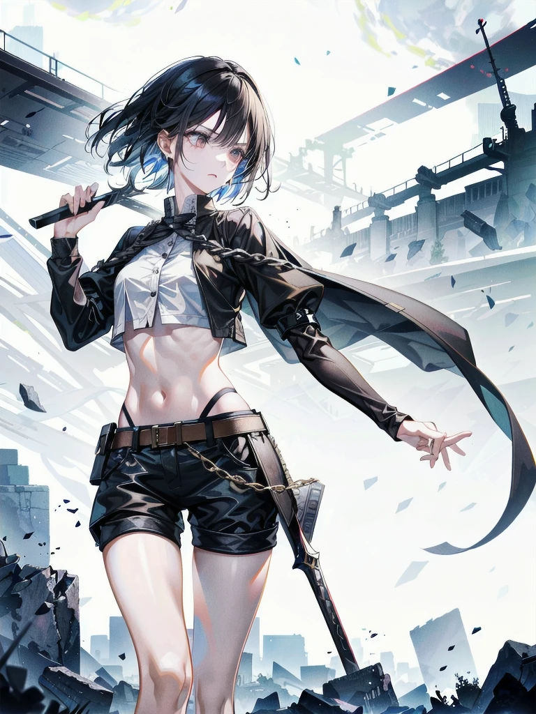 whole body, long sword, Black military uniform, Ladies' military vests, absurdres, RAW photo, extremely delicate and beautiful, masterpiece, Best Quality, ultra high resolution, 32k, hyperrealistic, ultra-detailed, tearful mole, earring, short medium hair, wavy hair, urban backdrop, shorts, midriff,