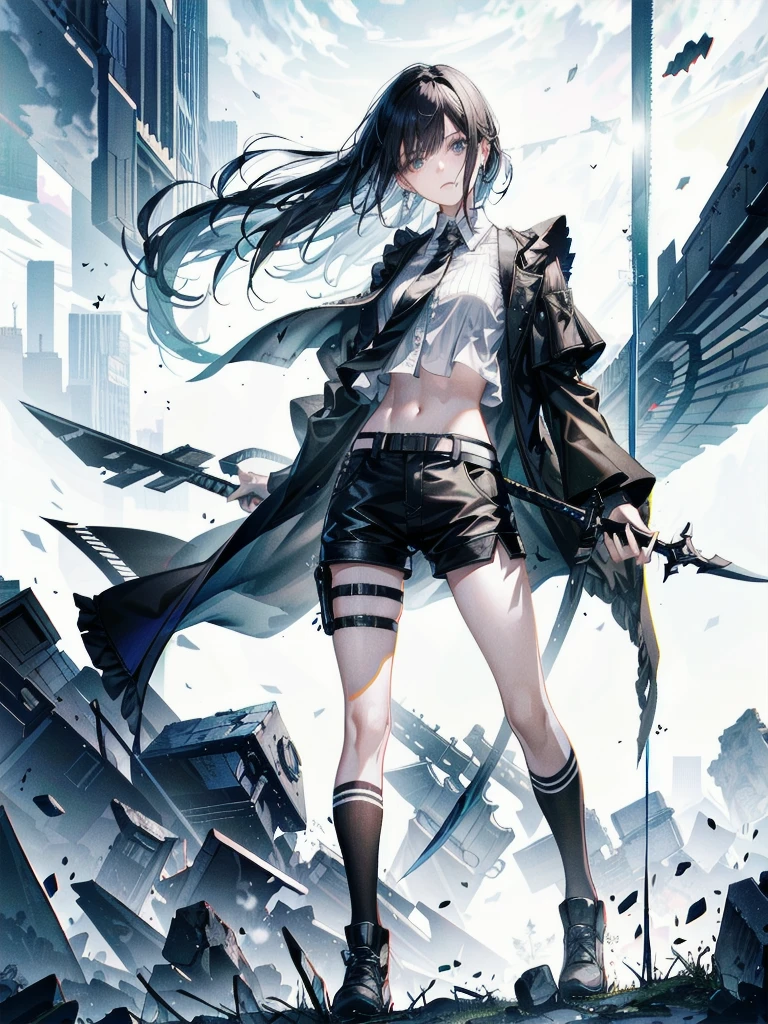 whole body, long sword, Black military uniform, Ladies' military vests, absurdres, RAW photo, extremely delicate and beautiful, masterpiece, Best Quality, ultra high resolution, 32k, hyperrealistic, ultra-detailed, tearful mole, earring, short medium hair, wavy hair, urban backdrop, shorts, midriff,