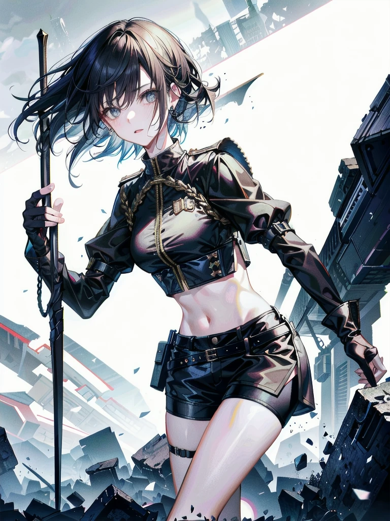 whole body, long sword, Black military uniform, Ladies' military vests, absurdres, RAW photo, extremely delicate and beautiful, masterpiece, Best Quality, ultra high resolution, 32k, hyperrealistic, ultra-detailed, tearful mole, earring, short medium hair, wavy hair, urban backdrop, shorts, midriff, 