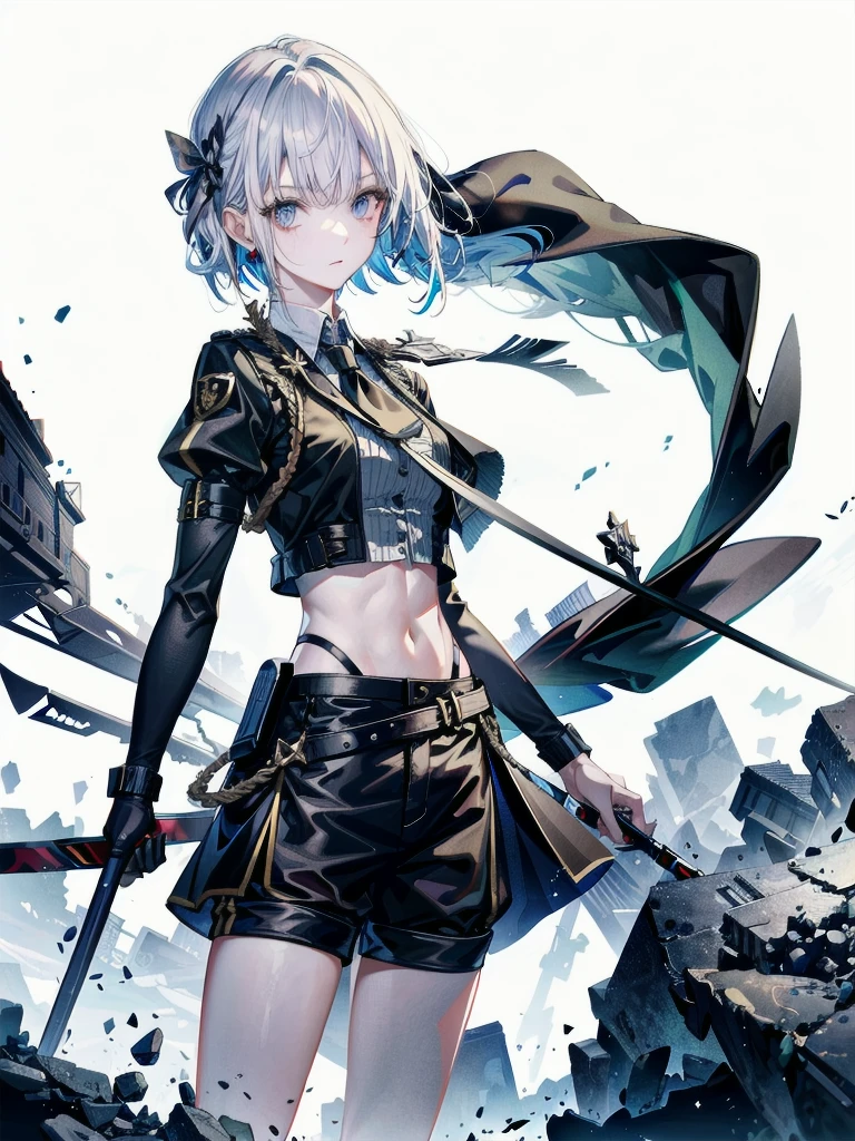 whole body, long sword, Black military uniform, Ladies' military vests, absurdres, RAW photo, extremely delicate and beautiful, masterpiece, Best Quality, ultra high resolution, 32k, hyperrealistic, ultra-detailed, tearful mole, earring, short medium hair, wavy hair, urban backdrop, shorts, midriff,