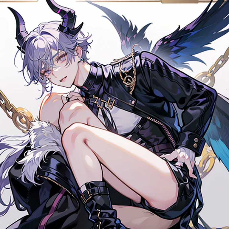 femboy demon. Wears black thigh-high socks and shorts with combat boots. Has a black sleeveless and cropped mock neck top under his grey jacket with fingerless gloves that go above his elbows. Has a harness on layered on his mock top.
Fluffy white hair and purple eyes that fade to gold with white star-shaped pupils. His eyelashes are also white to match with his hair. Light purple skin with darker gradients and fluffy ears with gold piercings. Demon tail, horns, and wings. His blood is blue and so is his blush and the inside of his mouth. In an anime boy style.