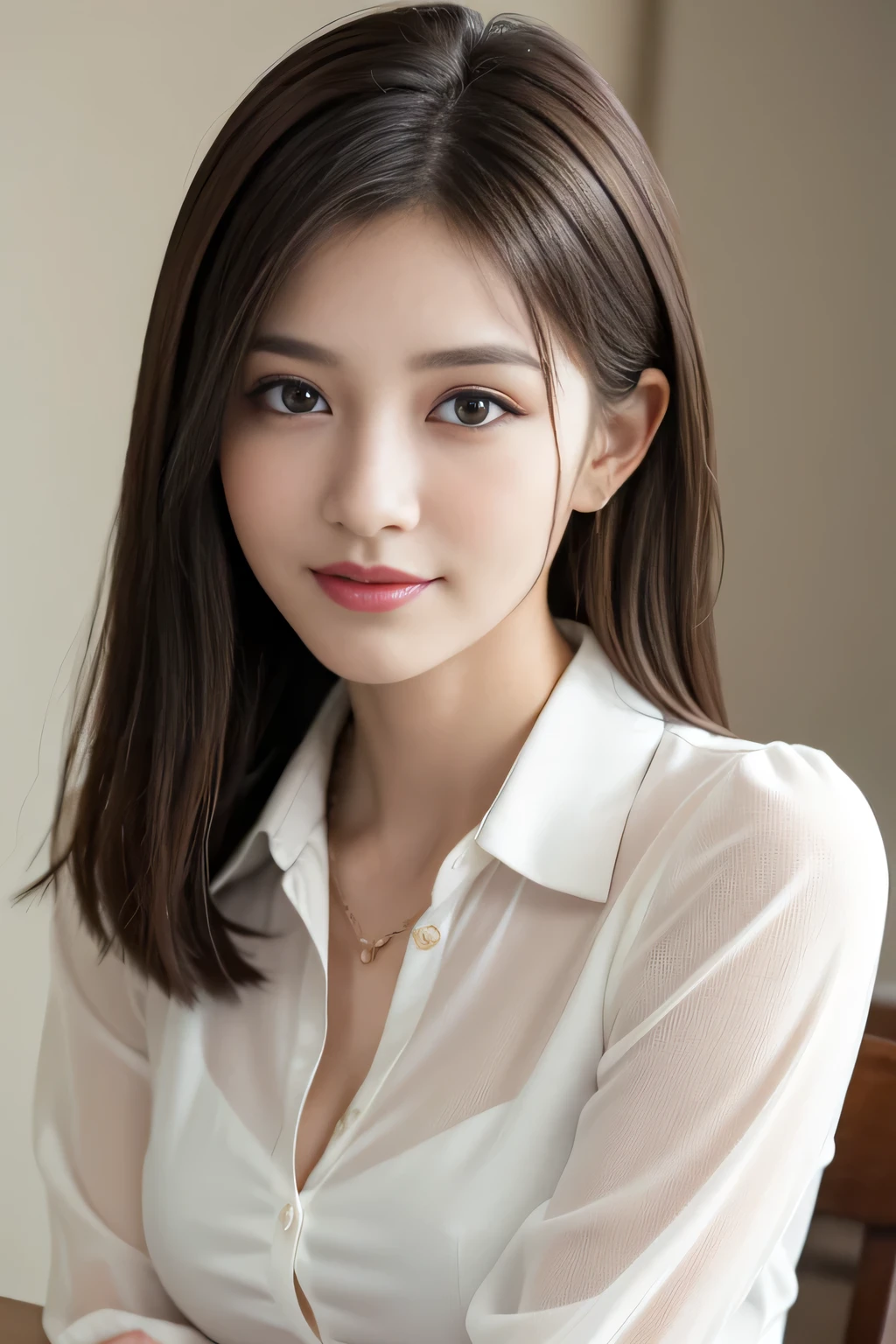 (RAW Photos), (Realistic), (masterpiece), (highest quality), High resolution, 8k, (Intricate details), (Volumetric Light), Portraiture, woman, Age 35, Medium Hair, Straight hair, Medium Chest, Layered Hair, Brown Hair, Very beautiful eyes, Source order, Very thin eyebrows, Very fine skin, Very beautiful mouth, Very nice nose, Cute like an idol, smile, (Thick lips), (Looking at the audience), (A see-through pearl white dress shirt with a collar), Above the knee shot