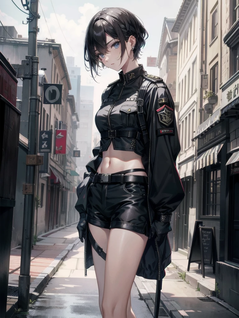 whole body, long sword, Black military uniform, Ladies' military vests, absurdres, RAW photo, extremely delicate and beautiful, masterpiece, Best Quality, ultra high resolution, 32k, hyperrealistic, ultra-detailed, tearful mole, earring, short medium hair, wavy hair, urban backdrop, shorts, midriff, 