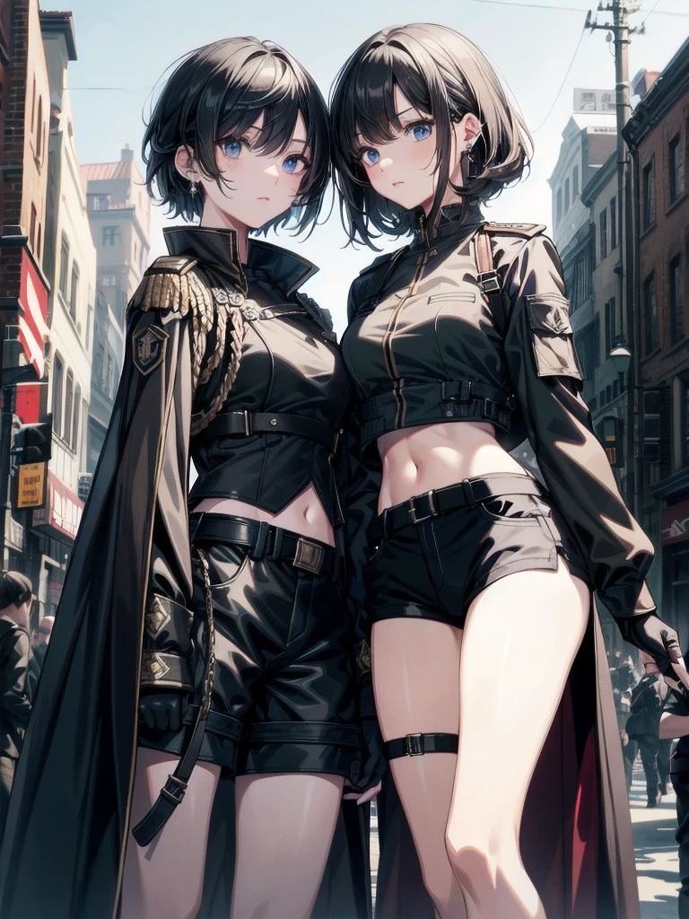 whole body, long sword, Black military uniform, Ladies' military vests, absurdres, RAW photo, extremely delicate and beautiful, masterpiece, Best Quality, ultra high resolution, 32k, hyperrealistic, ultra-detailed, tearful mole, earring, short medium hair, wavy hair, urban backdrop, shorts, midriff,