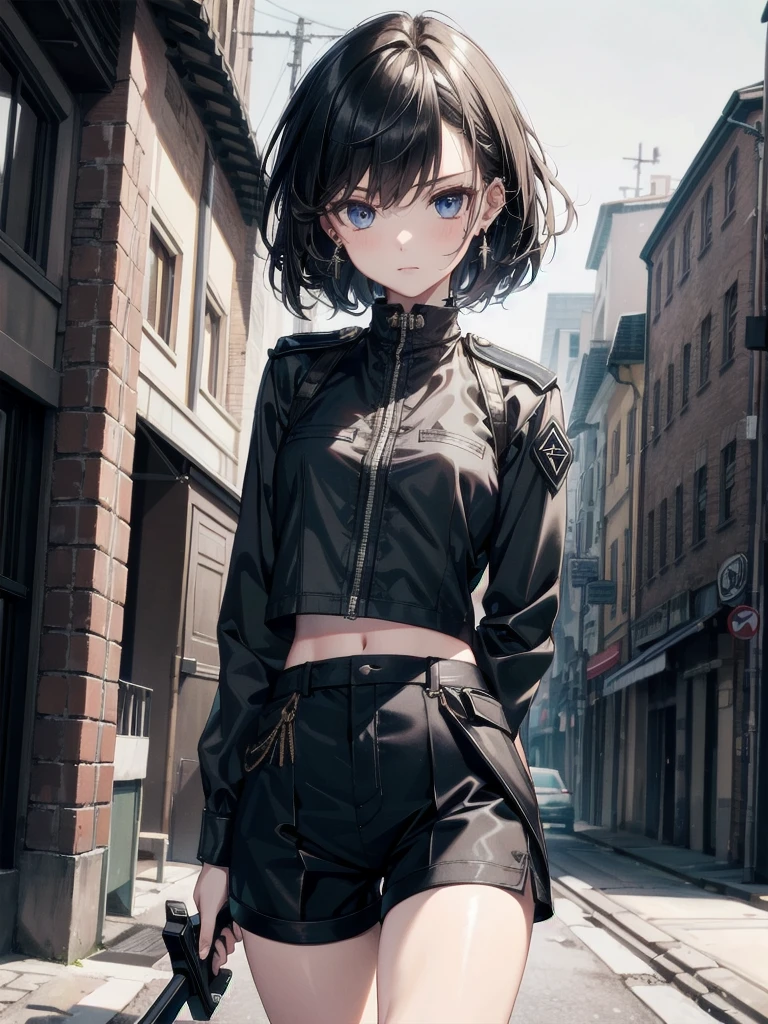 whole body, long sword, Black military uniform, Ladies' military vests, absurdres, RAW photo, extremely delicate and beautiful, masterpiece, Best Quality, ultra high resolution, 32k, hyperrealistic, ultra-detailed, tearful mole, earring, short medium hair, wavy hair, urban backdrop, shorts, midriff,