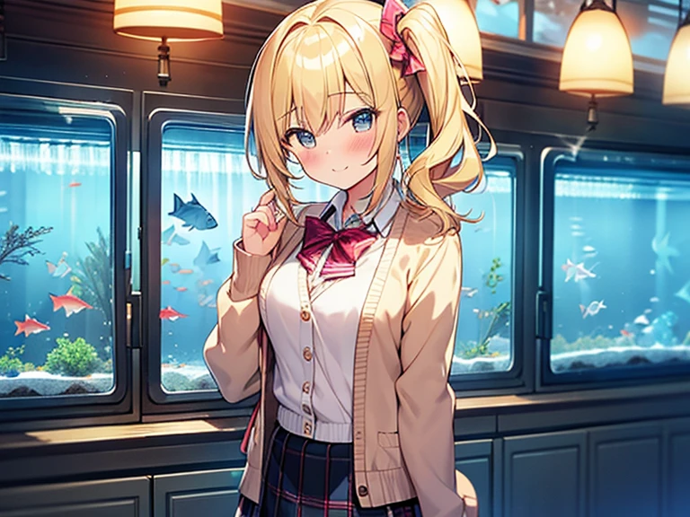 Top quality, 1 beautiful woman, , Blonde, (side ponytail), Medium Hair, Wavy Hair, standard weight, happy, clised eyes, blush, Cardigan, frill skirt, (in aquarium building), (Neon Lights):1.1, beautiful scene, cowboy shot