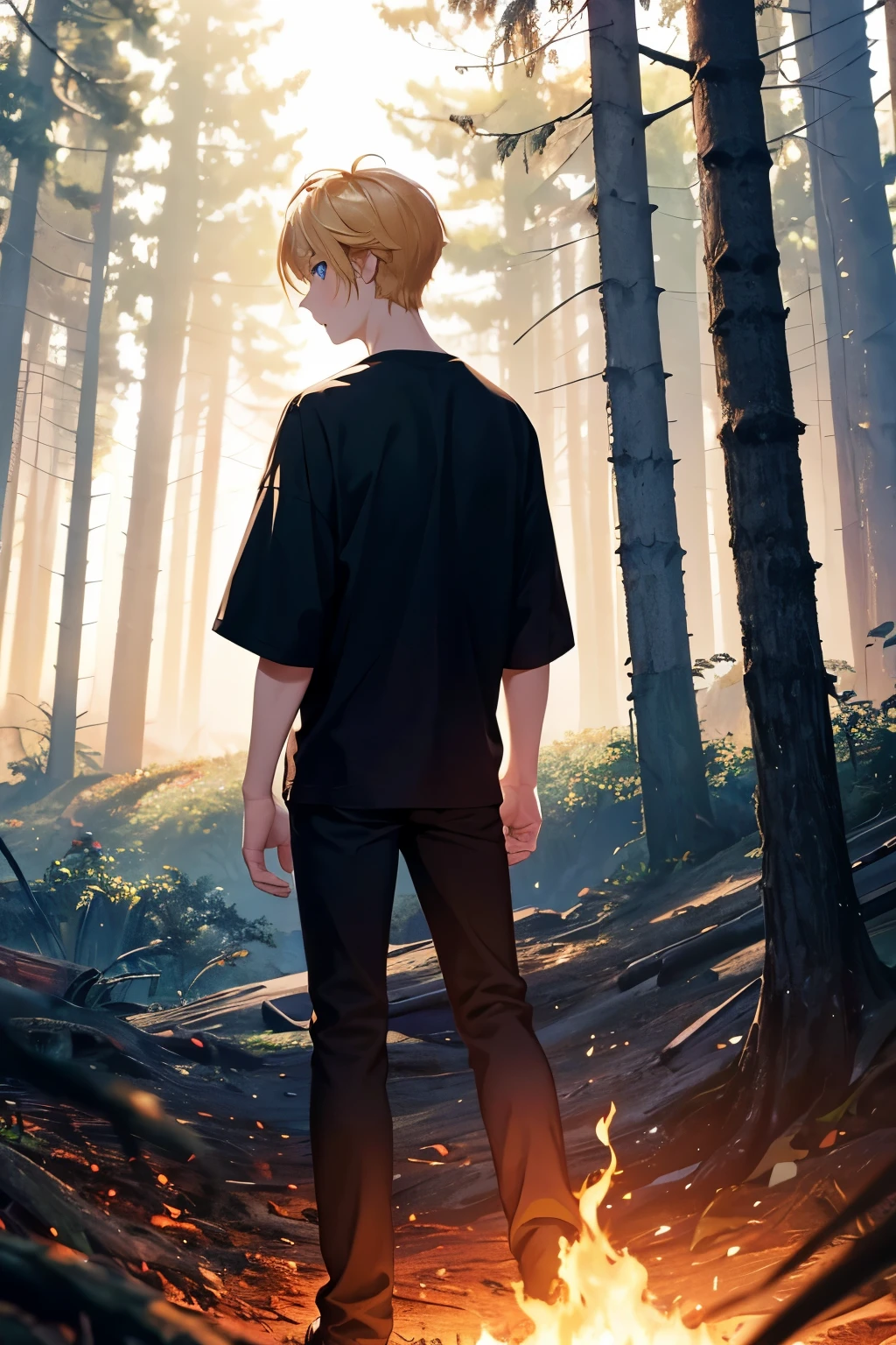 1boy,Prince,standing in a burning forest,Shirt on fire, pants on fire,handsome, Facing backwards, photo from behind, looking away, camera angle from behind,blonde hair, 22 years old, Black t-shirt,black trousers, short blonde hair, wavy hair, blue eyes, close up photo