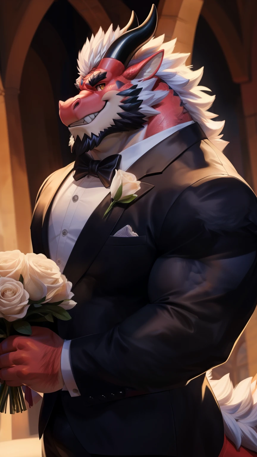 Solitary, anthropology, hairy, hairy male, dragon, ((Fluffy fur, Fluffy, hairy body)), (dragon印), (short beard), youth, white body, muscular, White, Big muscles, Golden pupils, Tail, deTailed teeth, deTailed face, Fundos, bridegroom, (Black suit suit), (Black bow tie), Holding a bouquet of white roses, 害羞的站在church门前, deTailed Fluffy fur, deTailed face, ((Look up at the audience)), majestic, barbarous, A faint smile, Blushing, Strong, church, White dove, Half sideways, ((Top view)), (through empty ghost, From dragon26, masterpiece, high quality, high resolution,8k), permanent, Full body portrait, outdoor,