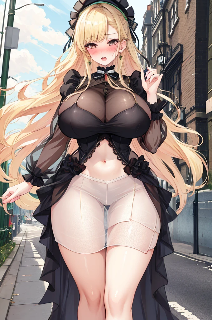 A woman with big ,(Gorgeous woman),ahegao,Victorian style,ta skirt,Long blond hair,((See-through clothes)),Showing belly,Slim waist,(Blush:1.2),Long legs,On the streets of London,