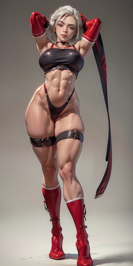 (plain background, 8k, best quality, masterpiece, realistic, photo-realistic:1.37) (full body height standing straight symmetrical contrapposto) (looking at viewer) 2legs apart (wide stance) ultra detailed, 1solo cute girl (beautiful detailed eyes) (smile:1.2) (closed mouth) view from below depth of field, good composition, WHITE SILVER bob hair, perfect knockers, suspenders, toned body, athletic, wide hips, thin waist, toned arms, exposed abdomen, abs toned, navel, big belly button belt ((red cheeks, red eyes, red tank top, red thong, red gloves gauntlets, red stockings thighs))