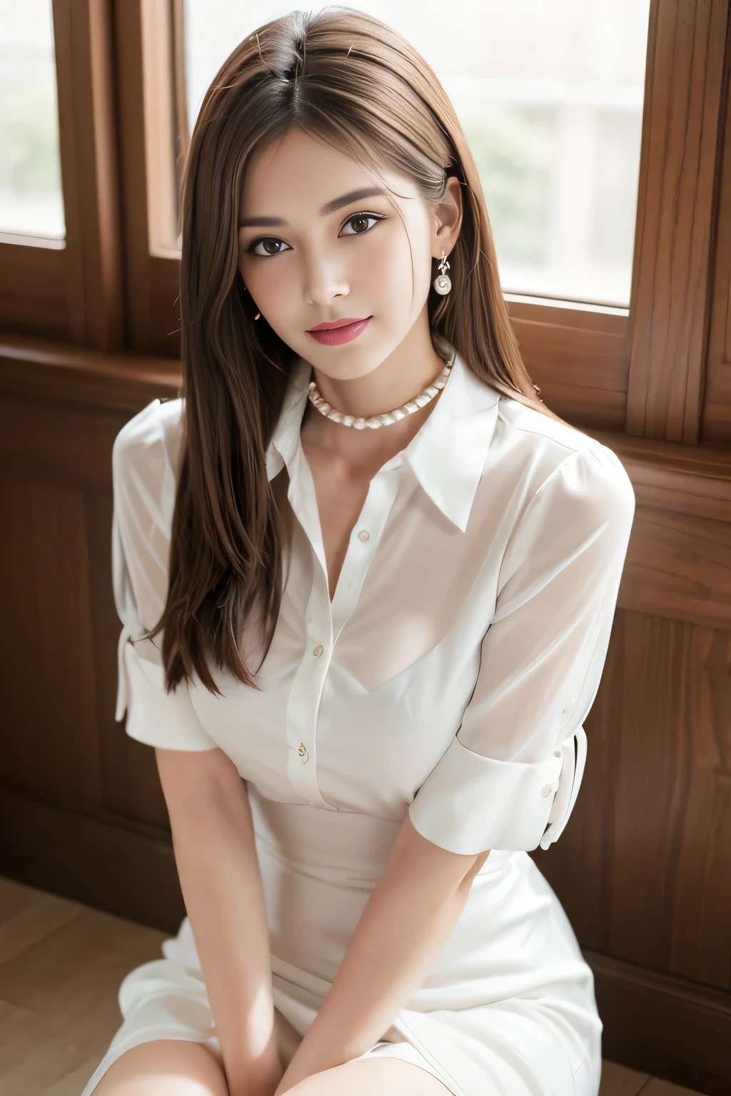 (RAW Photos), (Realistic), (masterpiece), (highest quality), High resolution, 8k, (Intricate details), (Volumetric Light), Portraiture, woman, Age 35, Medium Hair, Straight hair, Medium Chest, Layered Hair, Brown Hair, Very beautiful eyes, Source order, Very thin eyebrows, Very fine skin, Very beautiful mouth, Very nice nose, Cute like an idol, smile, (Thick lips), (Looking at the audience), (A see-through pearl white dress shirt with a collar), Above the knee shot