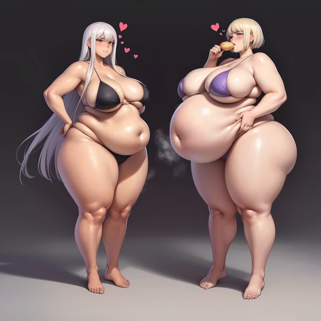 A young woman in a bikini, massive bloated overstuffed heavy protruding bulging obese belly, hyper massive fat tall wide round heart shaped bubble butt, wide fat hips, massive fat round breasts, deep long cleavage, so full it hurts, gurgling belly, sloshing belly, distended belly, churning belly, it hurts being so full but it feel so good, squishy belly, bellies squished together, breasts squished together, they cant stop eating, they keep eating even though they’re so overstuffed it hurts, red skin on belly, extremely painfully overstuffed bloated bulging bellies, she’s jealous of how fat her friend is,