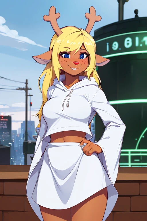 (noelle, furry female anthro, blonde hair, deer girl, red deer nose, white eyes, white pupils, white robe, hooded robe, big breasts, midriff), hands on hips, green neon city, smiling, winking