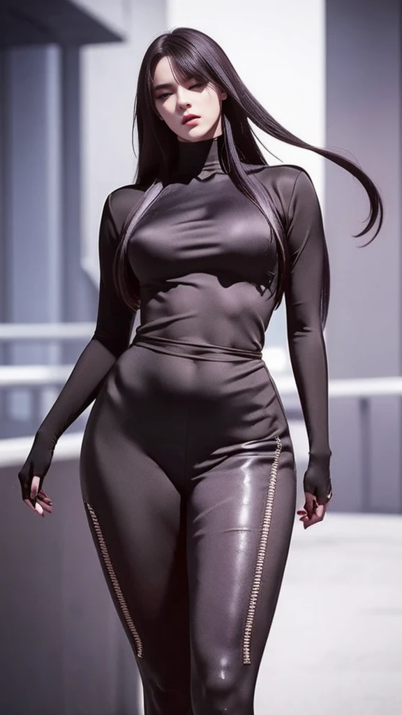 hyper realistic, 16k, best quality, masterpiece, (photorealistic:1.4), 1girl (alone), solo. Pretty young. Gothic aesthetic, goth makeup, black silky hair (realistic texture), without hair fringe,  realistic eyes, pele-white skin, illuminated skin, realistic shading, (modern) black gothic dress (realistic textures), big hips, tights. waist up, dramatic lighting, from below, front, front view, multiple different poses at different angles, glowing skin, front, back lighting, athletic figure, muscular female, curvy, wide hips, colorful, looking at viewer, Hyperrealistic, gradient background, dark background, outline, cinematic lighting, (chromatic aberration, intricate details)